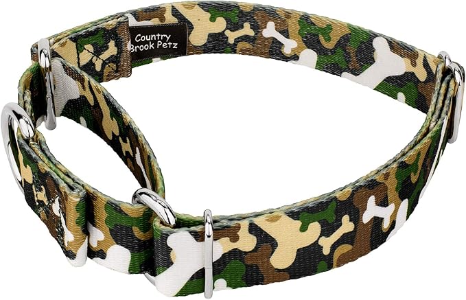 Country Brook Petz - Woodland Bone Camo Martingale Dog Collar and Leash - Camouflage Collection Featuring Rugged Designs (1/2 Inch, 2XS)