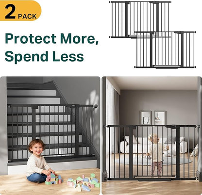 Cumbor 2 Pack 29.7-51.5" Extra Wide Baby Gate for Stairs, Easy Walk Through Dog Gates for Doorways, Pressure Mounted Pet Gate Indoor, Safety Auto-Close Child Gate for Kids with 4 Wall Cups, Black