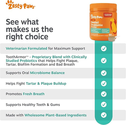 Zesty Paws Probiotic Dental Powder for Dogs Teeth - Fights Plaque, Tartar & Bad Dog Breath - Dog Breath Freshener Powder for Oral Microbiome & Gut Health - Pet Supplement for Teeth & Gums