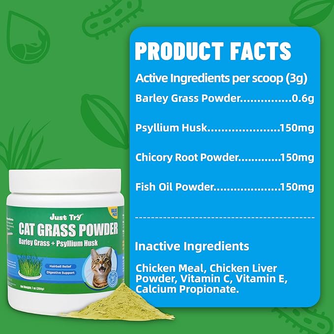 Just Try 7OZ Cat Grass Powder Feline Grass Treats Cat Supplements Hairball Treatment for Cats Cat Hairball Remedy Gut Health Cat Treats Healthy