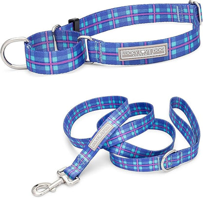 Lucky Love Dog Martingale Dog Collar & Leash - Adjustable, No-Slip, Durable, Comfortable, Soft Webbing, & Stylish Patterned Collar & Leash Set for Male and Female Dogs - Scotty Combo, Small