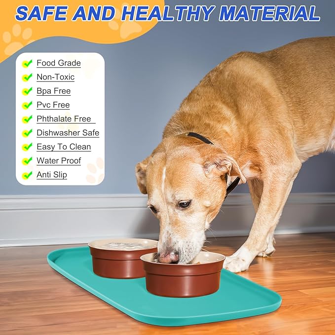 SMILOOL Silicone Pet Feeding Mat with Raised Edge for Food and Water, Dog Bowl Mats, Cat Bowls Placemat with High Lip for Floor Waterproof, Rubber Tray for Cats and Dogs 19 x 12 x0.7 Dark Turquoise