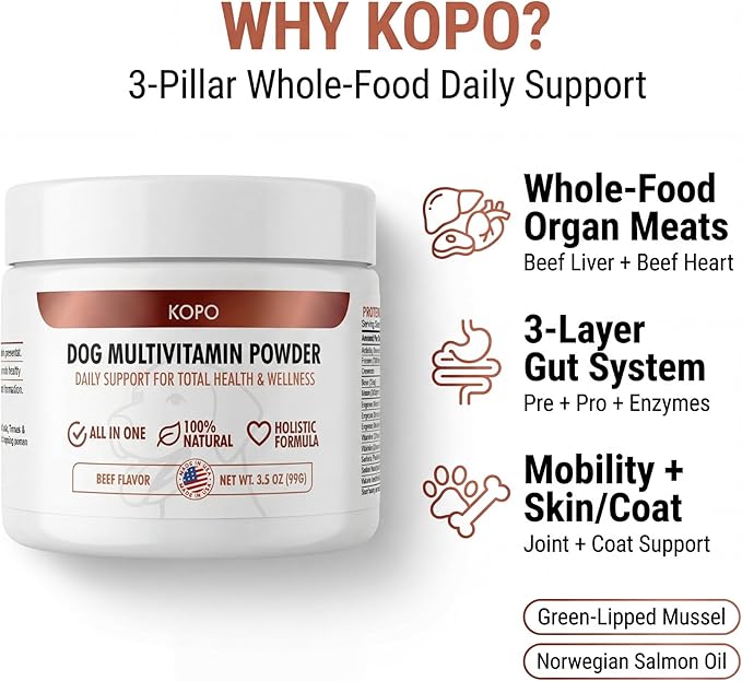 Kopo Dog Multivitamin Powder | Supports Heart, Daily Vitality, Immune Health, Digestion, Skin & Coat and Hip & Joint | For Puppy, Adult & Senior Dogs | Beef Liver Flavor | All Breeds Sizes | 99 Scoops