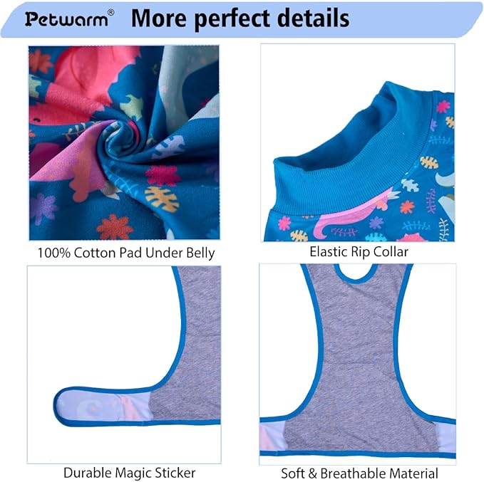 PetWarm Dog Onesie After Spay, Dog Bodysuit, Substitute E-Collar and Cone, Pet Surgery Recovery Suit, Female Male Onesie for Dogs Spay Neuter, Dinosaur Pattern, Multi-Colored, S