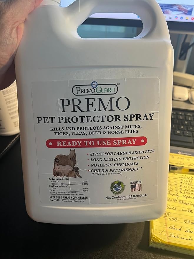 Premo Guard Pet Protector Spray - 128 oz - Kills Mites, Fleas, Ticks, & Mosquitoes - for Dogs, Cats, & Home - Natural Plant Based Oils for Control, Prevention & Treatment - Family Safe