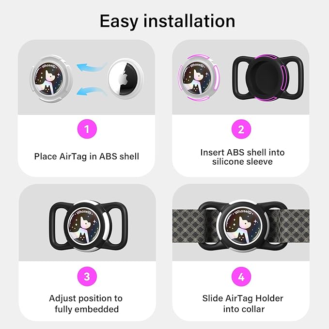 Waterproof Airtag Dog Collar Holder, Silicone & ABS Airtag Holder for Dog & Cat Collars, Ultra-Durable, Lightweight and Protective Airtag Case (Black&Pink-1, Regular)