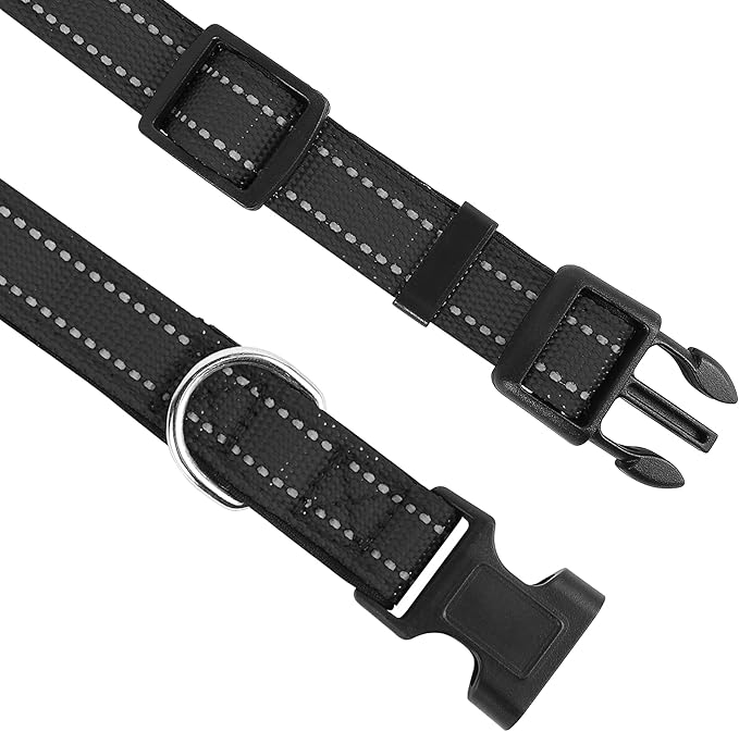 Reflective Dog Collar, Adjustable Soft Neoprene Padded Nylon Pet Collars with Buckle for Large Dogs, Black,L