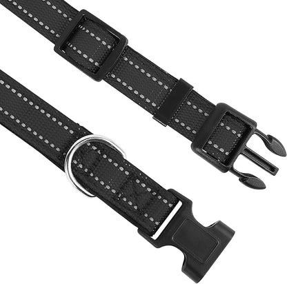 Reflective Dog Collar, Adjustable Soft Neoprene Padded Nylon Pet Collars with Buckle for Extra Large Dogs, Black,XL