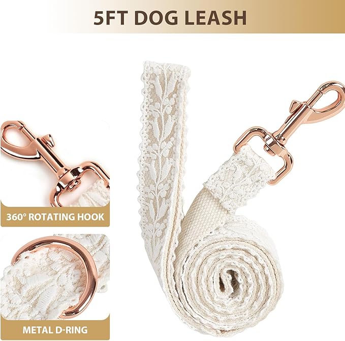 Beige Dog Collar and Leash Set Adjustable Lace Dog Collar for Large Dogs with Flowers & Rose Gold Metal Clasp for Pet Wedding Birthday Outfit,L
