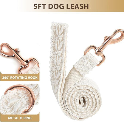 Beige Dog Collar and Leash Set Adjustable Lace Dog Collar for Large Dogs with Flowers & Rose Gold Metal Clasp for Pet Wedding Birthday Outfit,L