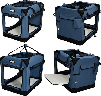 EliteField 4-Door Folding Soft Dog Crate with Curtains, Carrying Bag and Fleece Bed (2 Year Warranty), Indoor & Outdoor Pet Home (36" L x 24" W x 28" H, Blue Gray+4 Door Curtains)