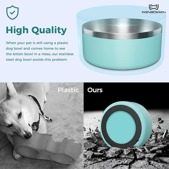 WENBOKMIN Dog Bowl, Stainless Steel Dog Food and Water Bowl with Non Slip Quiet Bottom, Easy to Clean, Dishwasher Safe, 40oz, Mint Green