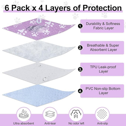 BEAUTYZOO 6 Pack Washable Pee Pads for Dogs, Reusable Puppy Pads for Potty Training, Waterproof Super Absorbent Whelping Pads Mats Non Slip Against Urine for Small Medium Dogs Cats, 16" x 24"