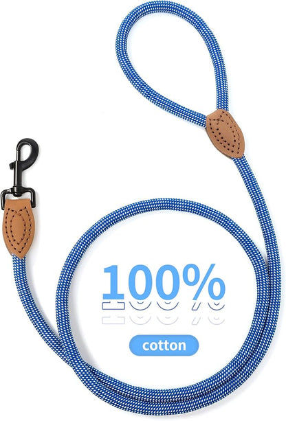 Mile High Life Rope Leash with Genuine Leather Connection, 6 FT/5 FT/4 FT, Heavy Duty Leash for Medium & Large Dogs (Blue White, 72 Inch)