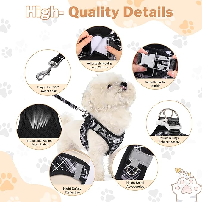 Gyuzh Small Cat Harness and Leash Set for Kitten & Puppy - 3-in-1 No Pull Step in Vest Collar, Lightweight Tactical Reflective Plaid, Padded Handle (Black, XS)