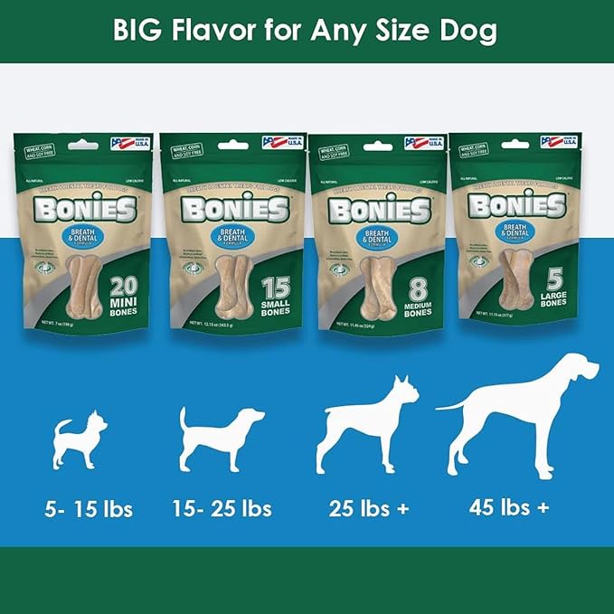 Bonies Natural Breath and Dental Formula Small-Sized Single Bone - All-Natural Ingredients, Fresh Breath, Cleans Teeth, Low Calories, Chicken Flavor, Small Dogs, 120 Bones