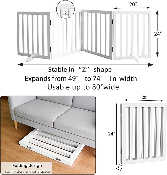 ZJSF Freestanding Indoor Dog Gate for House Foldable Wood White Puppy Gate for Doorways Pet Gate for Stairs Extra Wide Pet Fence 24" Height 4 Panels