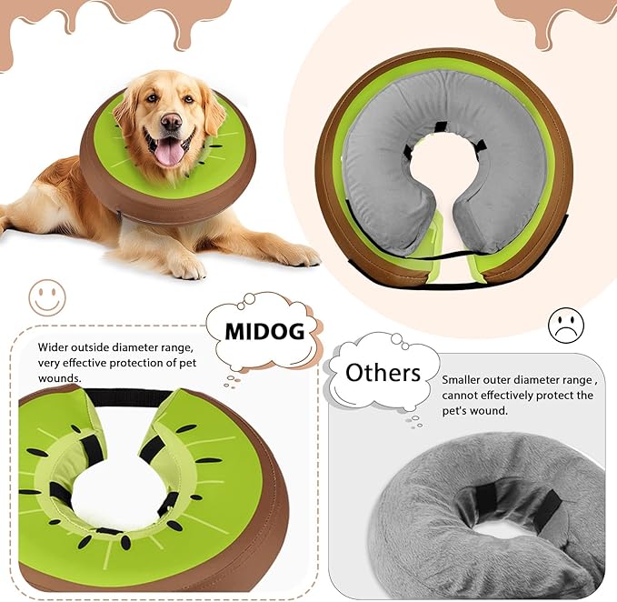 MIDOG Soft Inflatable Dog Cone,Donut E-Collar Alternative for After Surgery, Prevents Licking, Allowing Normal Eating & Vision,Comfortable Recovery Collar for Small Medium Large Dogs&Cats,Kiwifruit-M+