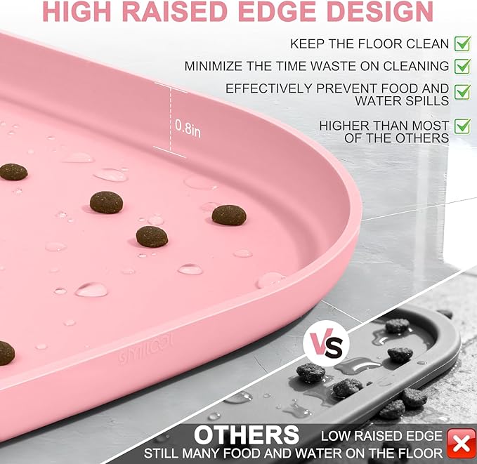 Smilool Silicone Pet Food Mat with Raised Edge for Food and Water Bowl, Dog Feeding Mats, Cat Food Trays for Floor Waterproof, Rubber Tray for Dogs and Cats, 24 x 16 x 0.8 Sakura Pink