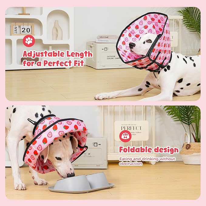 Avont Dog Cone Alternative, Adjustable Soft Comfy Foldable E Cones for Medium Large Dogs After Surgery, Escape-Proof Elizabethan Collar for Surgical Wound Recovery Stop Licking -Strawberry(L)