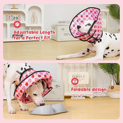 Avont Dog Cone Alternative, Adjustable Soft Comfy Foldable E Cones for Medium Large Dogs After Surgery, Escape-Proof Elizabethan Collar for Surgical Wound Recovery Stop Licking -Strawberry(S)