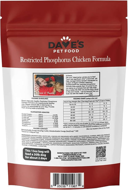 Dave’s Pet Food Kidney Support for Dogs with Renal Support (Chicken Formula Crumble) Non-Prescription Low Phosphorus Restricted Diet Dog Food, Added Vitamins Minerals & Taurine, Vet Formulated (13 oz)