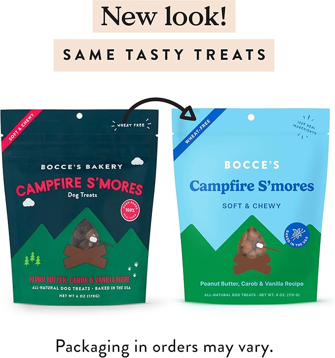 Bocce's Bakery Campfire S'Mores Treats for Dogs, Wheat-Free Everyday Dog Treats, Made with Real Ingredients, Baked in The USA, Natural Soft & Chewy Cookies, Peanut Butter, Carob, & Vanilla, 6 oz