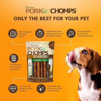 Pork Chomps Roasted Pork Skin Dog Chews, 6 Inch Twists, 4 Count - Long-Lasting Treats for Dogs - High Protein, Rawhide-Free, Low Fat, Healthy & Delicious Chews