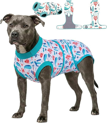 PetWarm Male Dog Surgical Suit After Neuter, Recovery Suit for Dogs After Surgery, Recovery Shirt for Dog Abdominal Wounds Bandages Cone E-Collar Alternative, Underwater World Pattern, Blue, XL