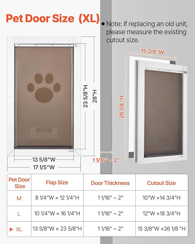 VEVOR Pet Door, X-Large, with Double Magnetic Flaps and Metal Frame, Strong and Weatherproof Dog Door for Interior and Exterior Doors, Easy to Install, Easy in-and-Out Access for Doggies, White
