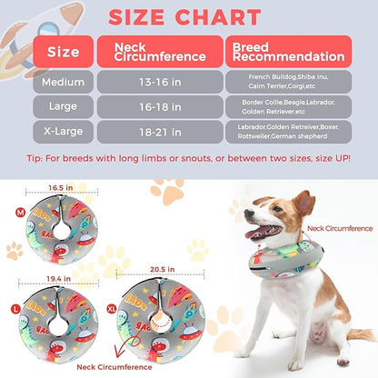 PAWCHIE Inflatable Dog Cone Collar Alternative, Soft Dog Cone for Medium to Large Dogs After Surgery, Adjustable Neck Recovery E-Collars Donut Collar with Cute Dinosaur Prints, Grey XL
