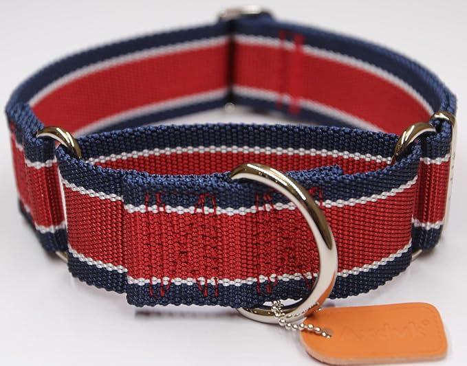 Martingale Collar 1.5 Inch Wide 1600D Extra Strong Anti Escape Nylon Dog Collar, No Pull Heavy Duty Pet Collars with 3-Color Stripe for Large to XLarge Dogs (XL, Red & Navy Blue)