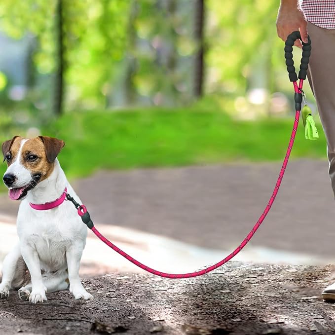Dynmeow Reflective Dog Collar and Leash Set, 6FT Strong Climbing Rope Leash with Padded Handle, Adjustable Pet Collar with Soft Neoprene Padding for Small Medium Dogs, Hot-Pink, S