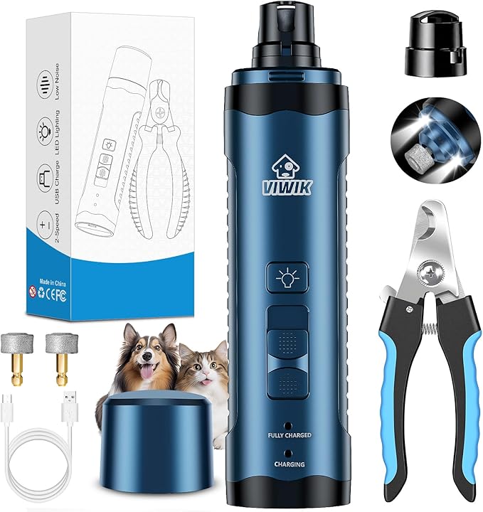 VIWIK Dog Nail Grinder, Dog Nail Trimmers with LED Lights, Pet Nail Clippers Kit for Large Medium Small Dogs & Cats, 2-Speed Quiet Electric USB Rechargeable Pet Paws Grooming Tool Blue