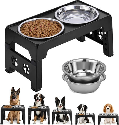 LALOBLUE Elevated Dog Bowls, Raised Bowl with 2 Stainless Steel Food Bowls, Dog Bowls Stand Adjusts to 5 Heights 2.95", 8.46", 9.65", 10.82", 12.01" for Small Medium Large Cats Pets,Black