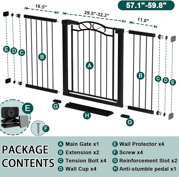 Fairy Baby 57.1"-59.8" Extra Wide Baby Gates with Door, 58 59 Inches Child Gate for Todder Kids, Metal Pressure Mounted Pet Dog Gate, Walk Thru Safety Gate for Doorway Stairs, Black