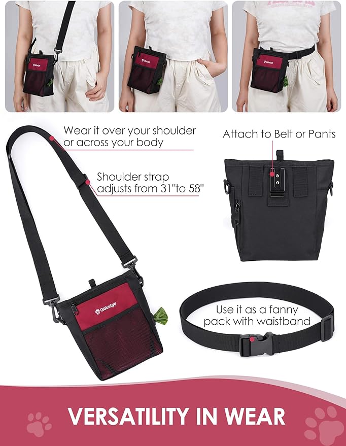Gobeigo Dog Treat Pouch, Magnetic Closure & Sealable Silicone Bag Insert, 4-Cup Capacity – Belt Clip/Waist Belt/Crossbody Wear, Clicker Included – Great for Pet Training & Walking (Red)