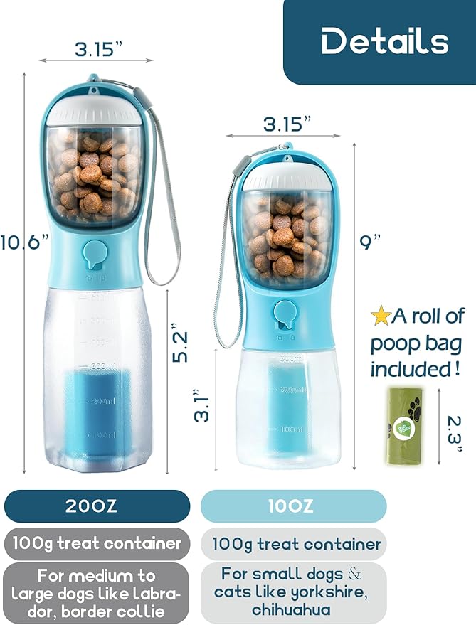 Portable Water Bottle for Small Dogs, 3 in 1 Pet Travel Bowl Dispenser with Food Treat Container & Poop Bag Holder, Summer Hiking Walking Accessories for Puppy On The Go - Pink, 10oz