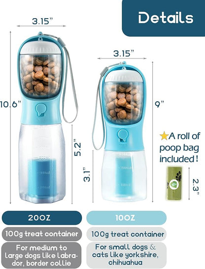 Portable Water Bottle for Small Dogs, 3 in 1 Pet Travel Bowl Dispenser with Food Treat Container & Poop Bag Holder, Summer Hiking Walking Accessories for Puppy On The Go - Pink, 10oz