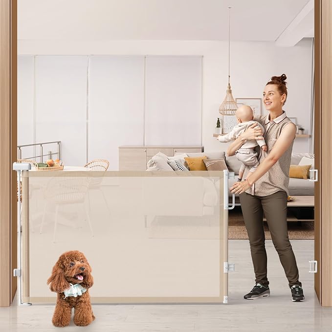 76" Retractable Baby Gates Extra Wide, Mesh Long Dog Gate for Wide Openings, Indoor Outdoor Stair Gate for Doorways Hallways Deck Porch, Child Pet Safety Essentials for Home, Beige