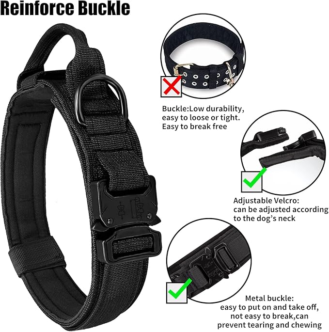 Tactical Military Dog Collar - Adjustable Heavy Duty Metal Buckle Nylon Collar with Control Handle for Small to Large Dogs (Black, L)