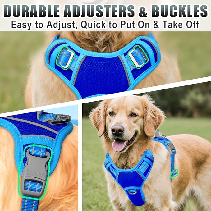 BARKBAY No Pull Dog Harness Large Reflective Dog Harness with Front Clip and Easy Control Handle for Walking Training Running with ID tag Pocket(Sapphire Blue & Blue,XL)