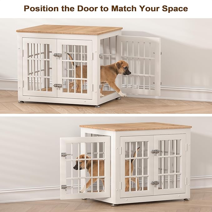 rehomerance 26 Inch Heavy Duty Dog Crate Furniture for Small Dogs, Decorative Pet House End Table, Wooden Cage Kennel Furniture Indoor, White and Natural