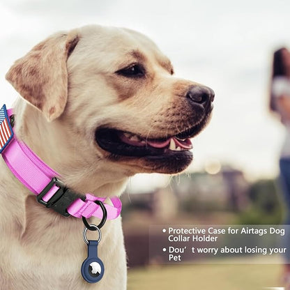 DAGANXI Tactical Dog Collar, Adjustable Military Training Nylon Dog Collar with Control Handle and Heavy Metal Buckle for Medium and Large Dogs, with Patches and Airtags Case (XL, Pink)