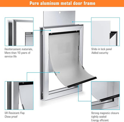 Ownpets Aluminum Extra Large Dog Door, Pet Door with Magnetic Flap and Lockable Sliding Panel, Heavy Duty Doggy Door for Dogs Up to 200lbs(Silver)