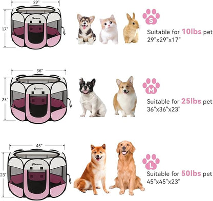 Dog Cat Playpen Indoor Outdoor for Puppy Pet Dogs Cat Travel and Recovery After Surgery, Dogs Enclosure Tent Crates Cage Indoor/Outdoor, Portable Pop Up Dog Kennel with Carrying Case(Pink, Medium)