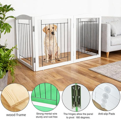 ZJSF Freestanding Foldable Dog Gate - Extra Wide White Puppy Gate for Stairs & Doorways - Tall 4 Panels Wooden Pet Fence