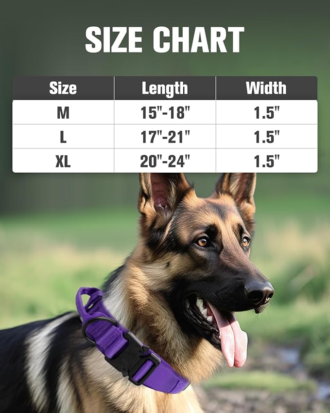 Joytale Tactical Dog Collar with Handle and Metal Buckle, Heavy Duty Padded Military Collar with 2 Patches for Training, Adjustable for XLarge Dogs, Purple, XL
