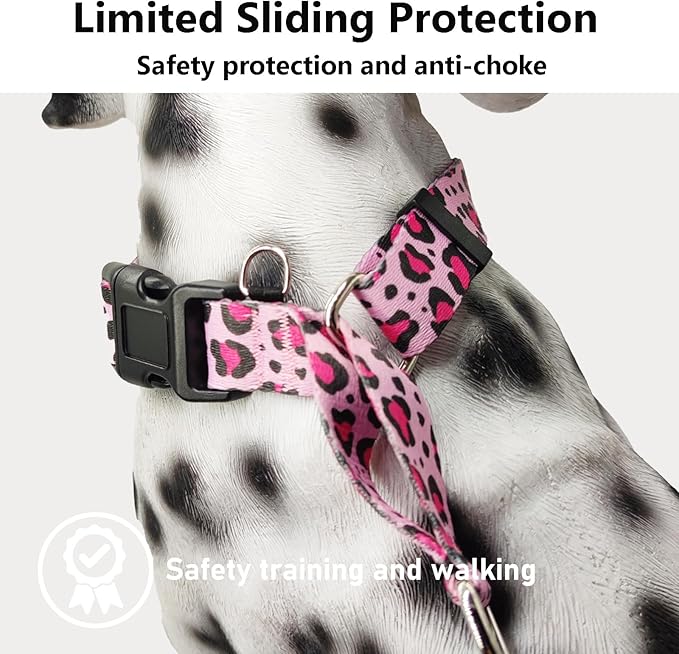 Martingale Collar for Dogs with Buckle No Pull Adjustable Nylon Limited Slip Training Dog Collars (Pink Leopard, Small)