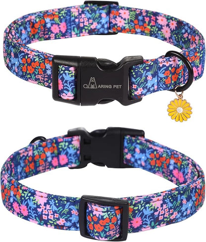 ARING PET Floral Dog Collar, Cute Blue Pink Orange Spring Summer Flower Doggy Pet Collars for Puppy Small Medium Large Girl Female Dogs-XL